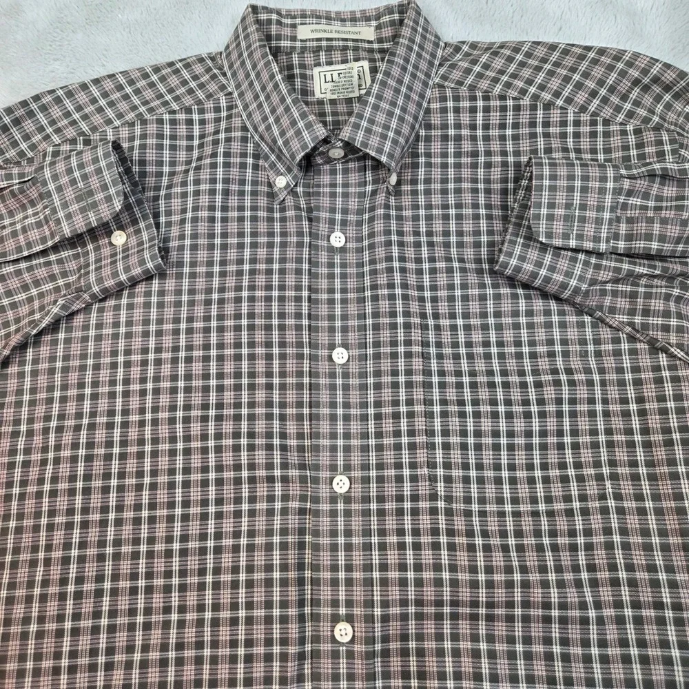 L.L. Bean Button Front Mens XL-REG Plaid Wrinkle Resistant Grey 100% Cotton